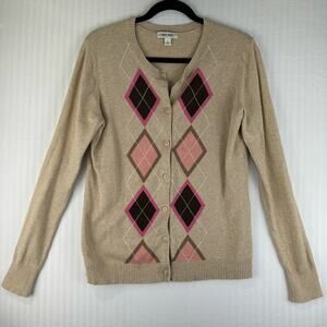 Cherokee Button Up Cardigan Tan Knit Sweater Women Size Large Pink Argyle Print